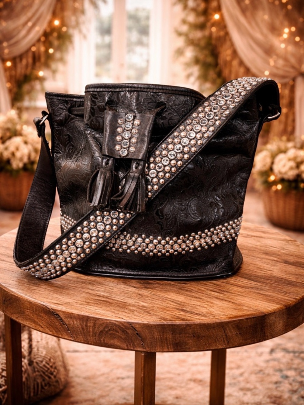Raviani black leather bucket shoulder bag with Rhinestones